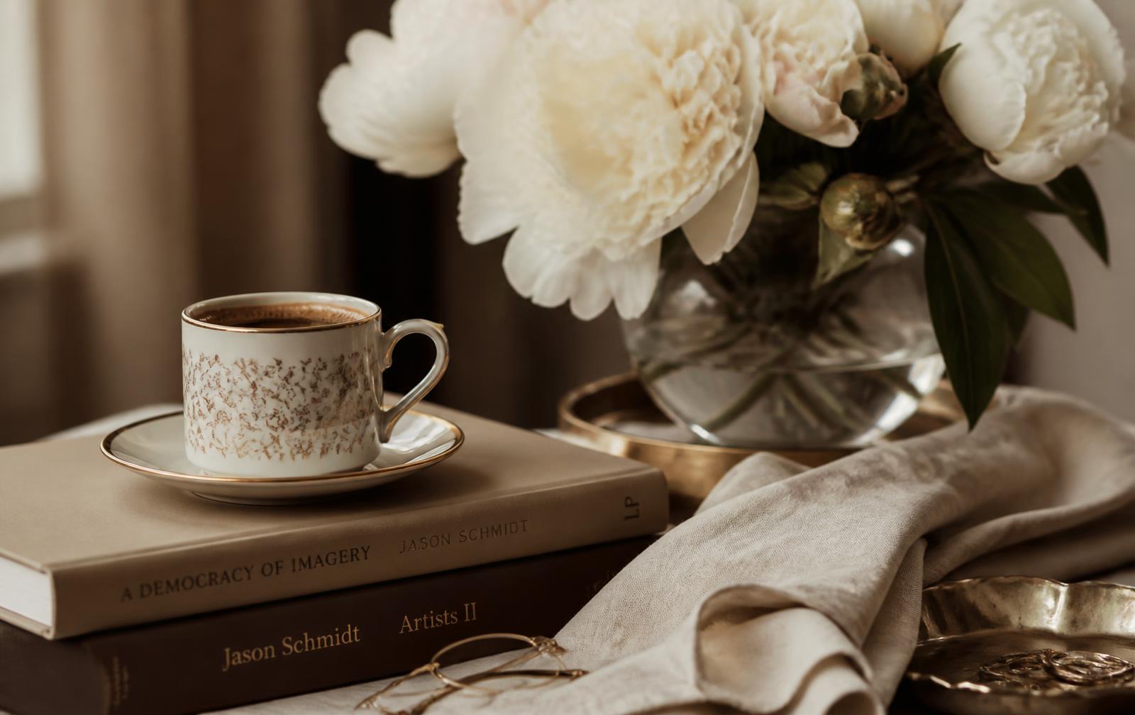 Composição com xícara de café, livros e flores claras